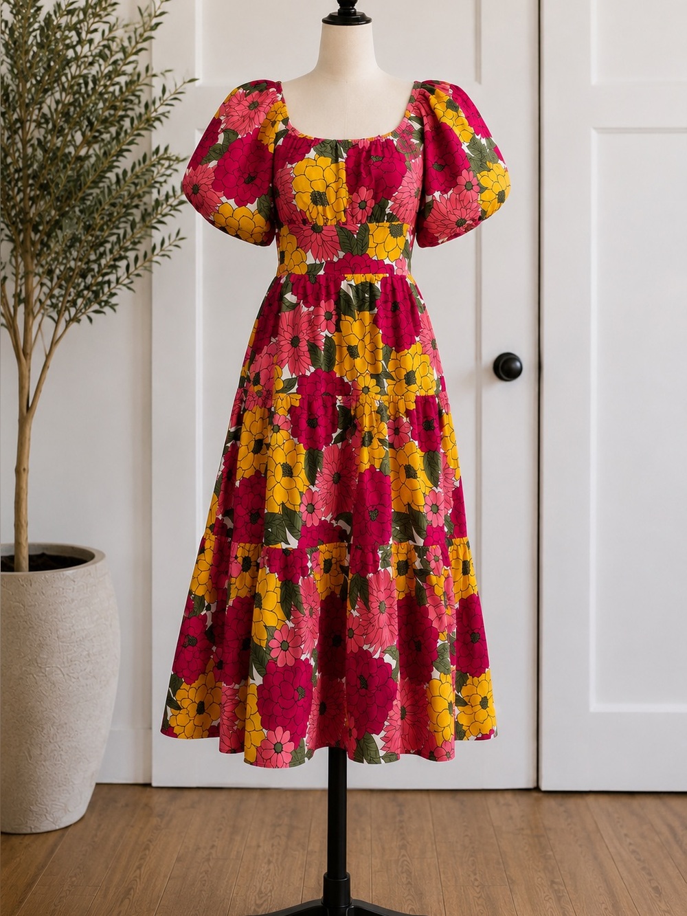 Baltic Born Pink Floral Puff Sleeve Tiered Midi Dress Size S